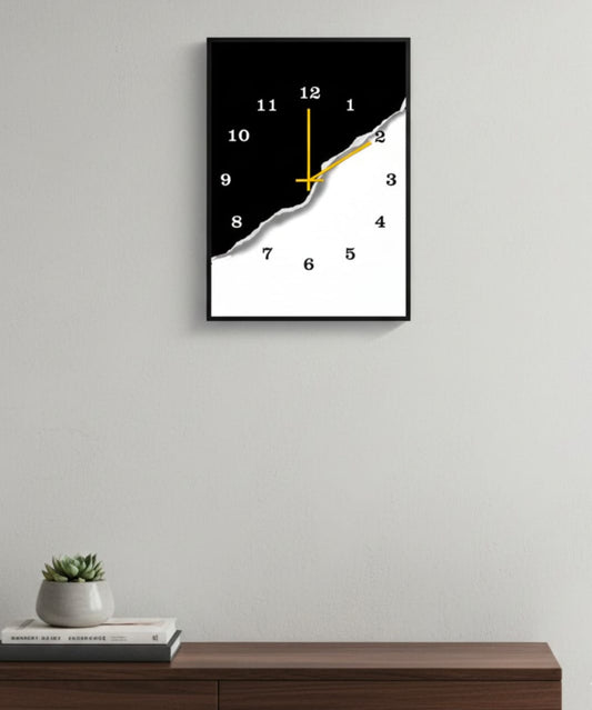 Modern Black & White Wooden Wall Clock - 12x16 Inch Minimalist Art Design with Golden Hands