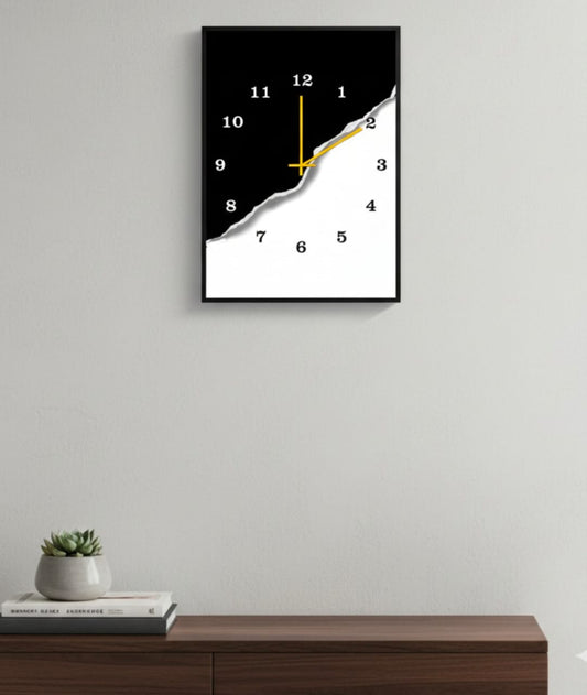 Modern Black & White Wooden Wall Clock - 12x16 Inch Minimalist Art Design with Golden Hands
