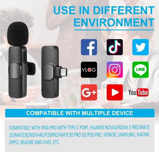 WIRELESS MIC K9 Dual Microphone Mic Plug & Play USB Type C Plug Wireless Lavalier Microphone